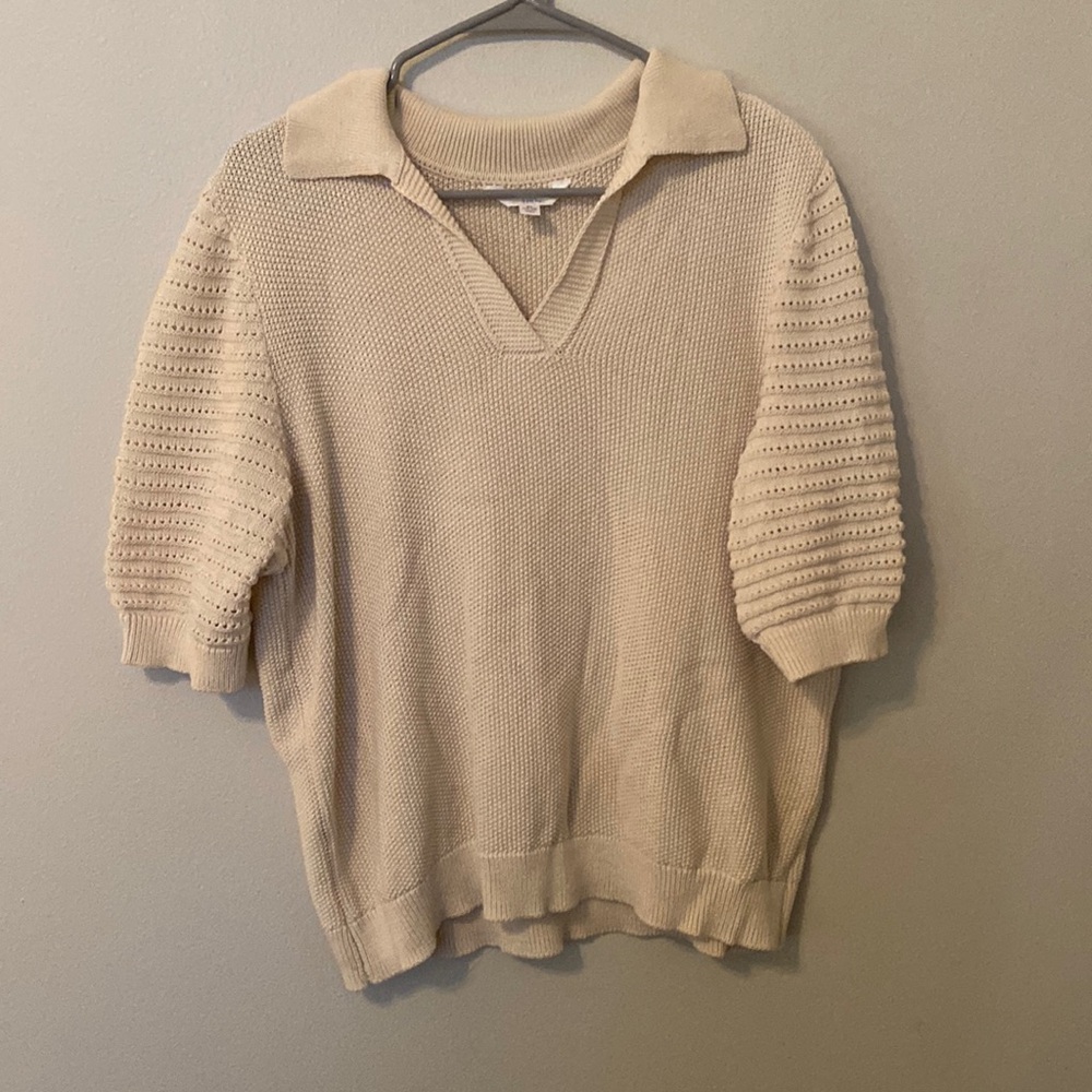 Time and Tru Cream Knitted V-Neck Collared Top + 3/4 Sleeves [Size: XL (16-18)]